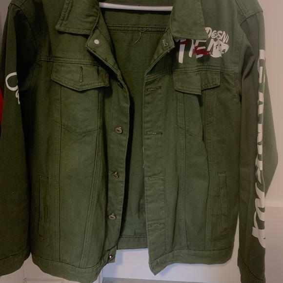 Size small olive green design print Denim Jacket for sale - Picture 2 of 5
